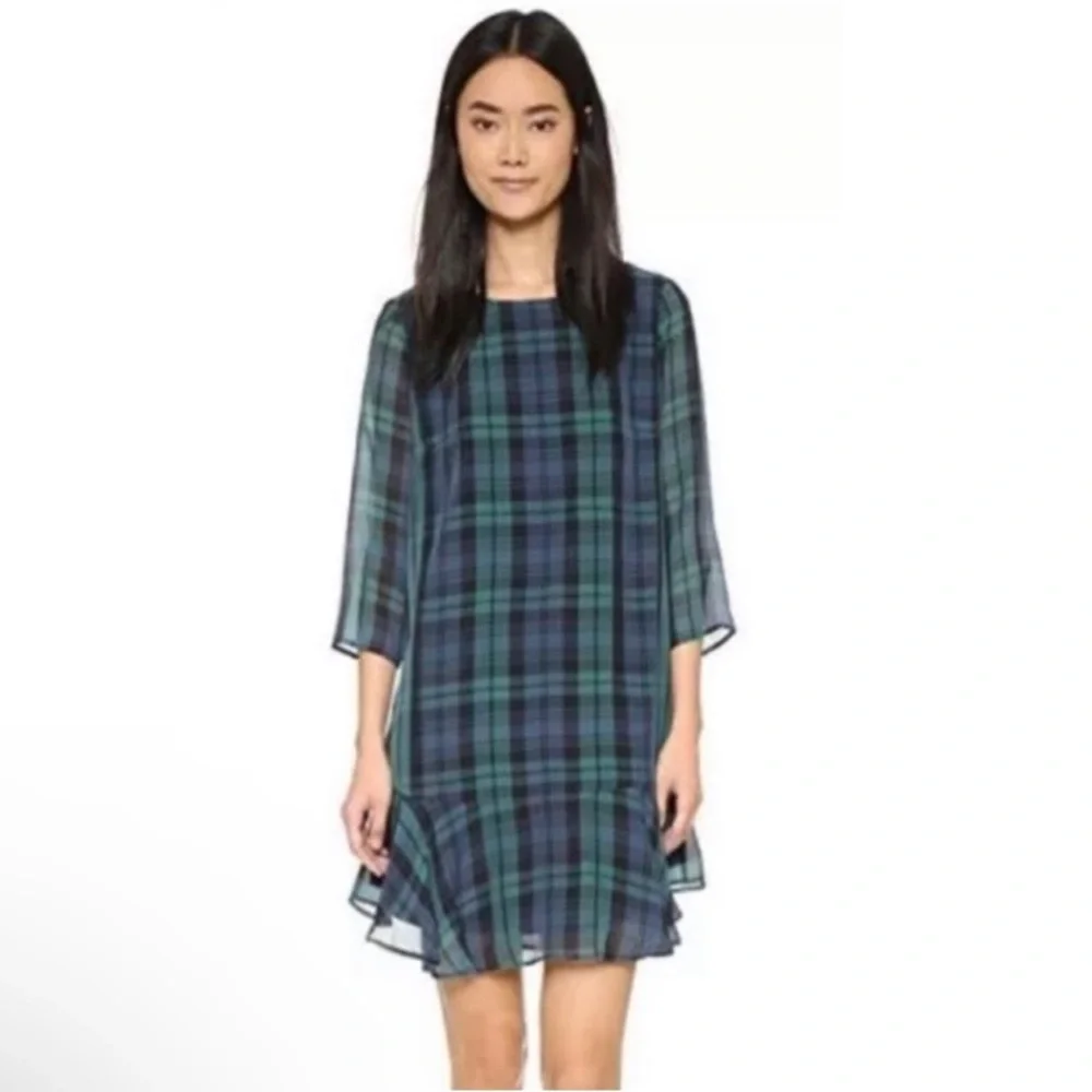 Madewell 100% Silk Plaid Dress - Blue and Green, Ruffle Hem, Size 2